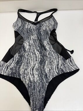 Lululemon Black & White Marled One-Piece Swimsuit with Mesh Insets